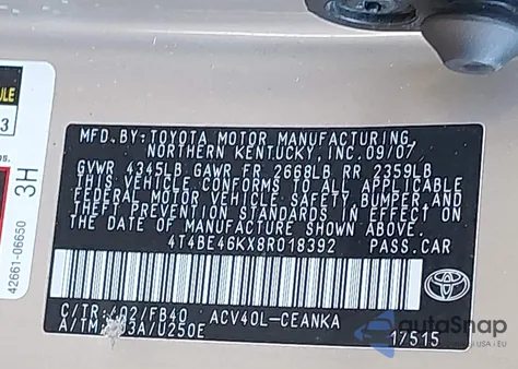 2008 Toyota Camry Le из США, поврежденный, VIN 4T4BE46KX8R018392